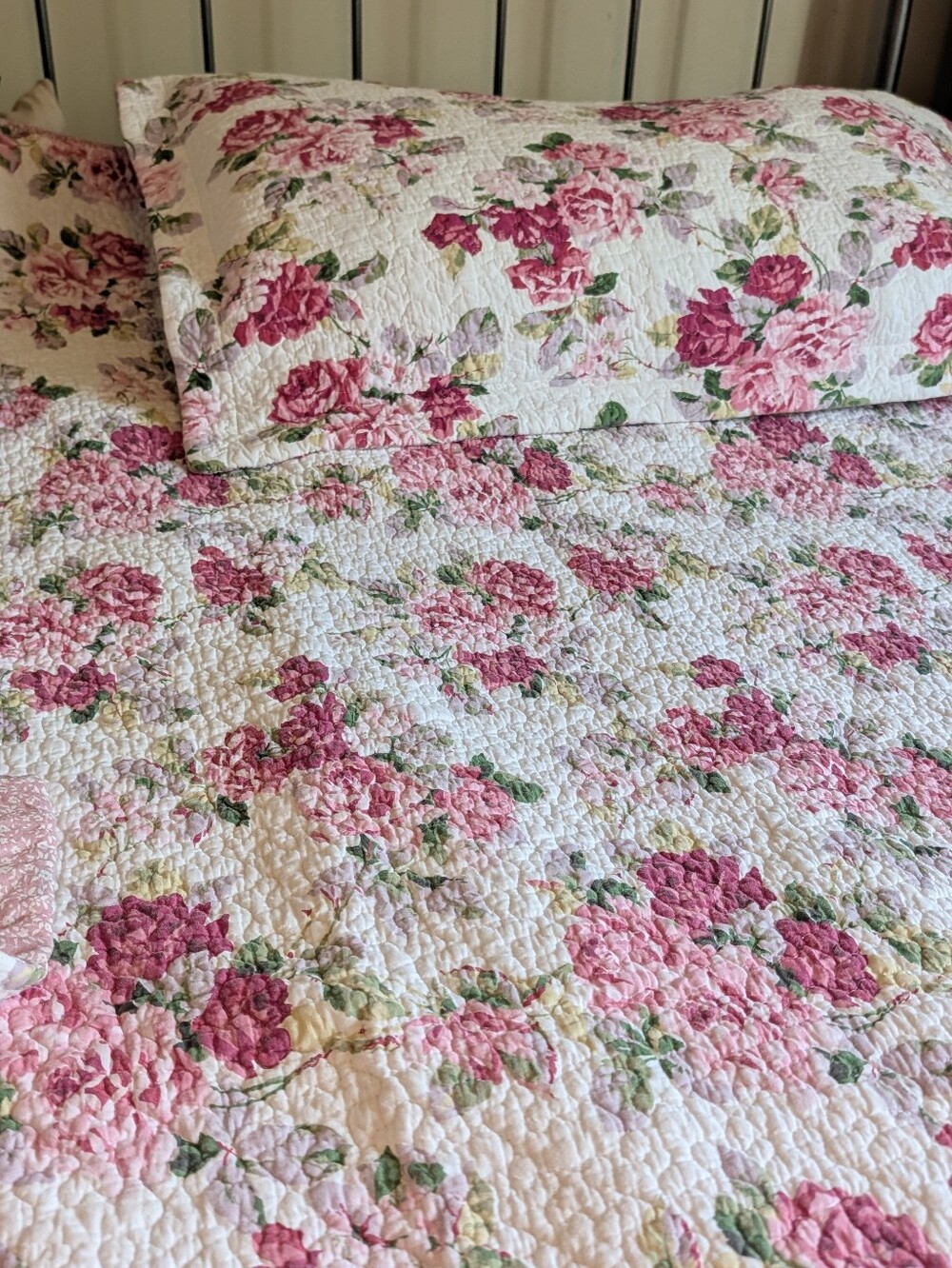 Laura Ashley KING Pink Rose Floral Cotton Quilt Bedspread Set 3 Pcs Shams Lidia